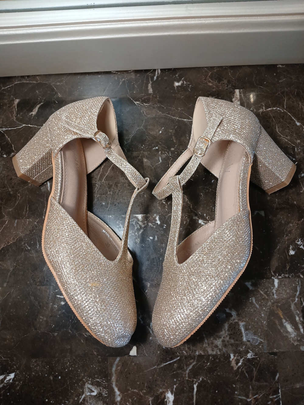 Sparkle T-Strap Block Heels in Champagne Glitter
